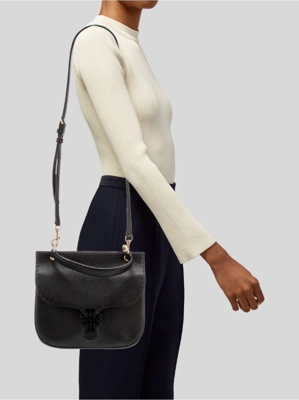 Tory Burch McGraw Dual Strap Satchel / Crossbody – Black Pebbled Leather - Picture 15 of 15